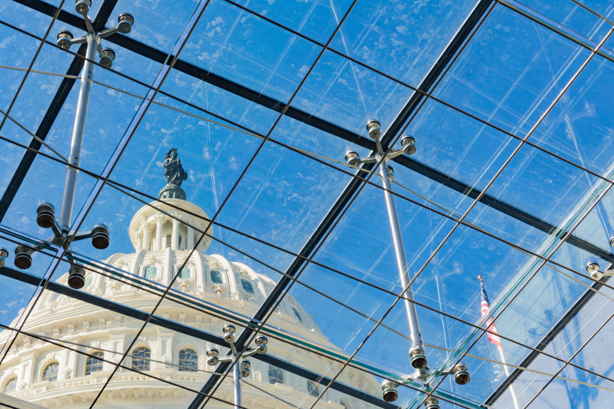 US Capitol Building Through Glass Windows Metal Chrome Supports