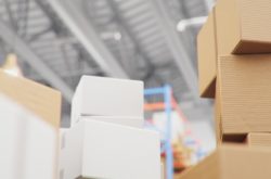 Cardboard boxes in middle of the warehouse, logistic center. Huge modern warehouse. Warehouse filled with cardboard boxes on shelves, boxes stand on pallets. Transportation system. 3D Illustration