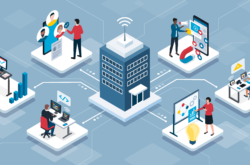Professional business people connecting together and working remotely for an IT company, isometric infographic