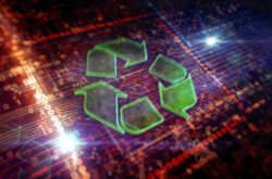 Recycling symbol, environment, ecology, reduce e-waste, green technology and industry icon. Abstract 3d symbol concept rendering illustration.
