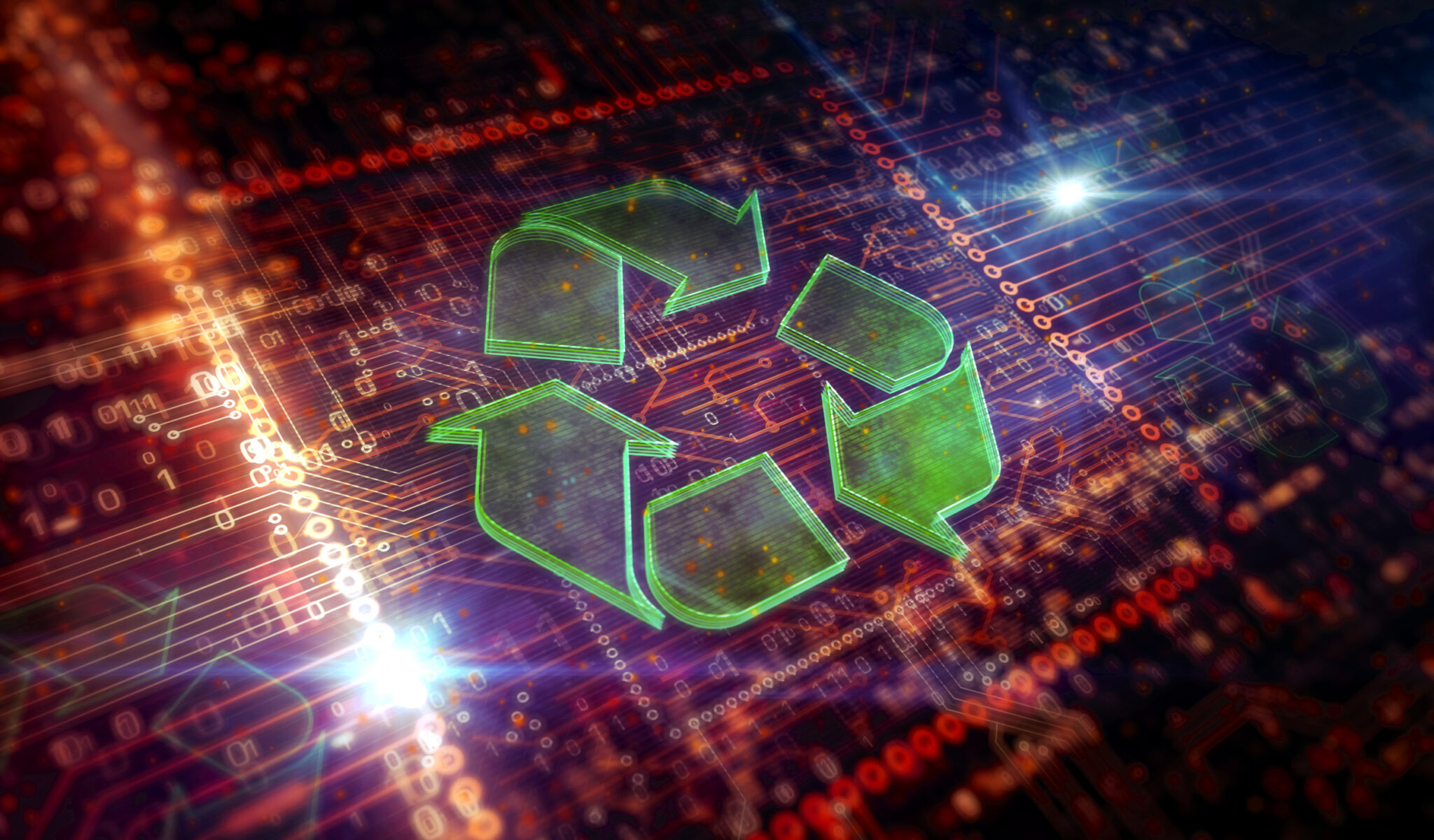 Recycling symbol, environment, ecology, reduce e-waste, green technology and industry icon. Abstract 3d symbol concept rendering illustration.