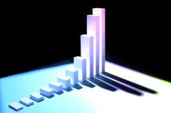 11 white bars arranged in ascending order, creating graph showing steady positive growth with long shadows, black background