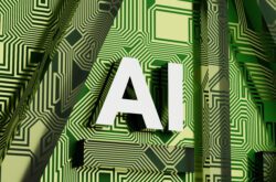Artificial intelligence logo on a conceptual green circuit board background with glass elements