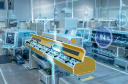 Futuristic Design: Factory Digitalization with Information Lines Lying Through the High-Tech Modern Electronics Facility. CNC Automatic Machinery Manufacturing Products Using IoT Industry 4.0